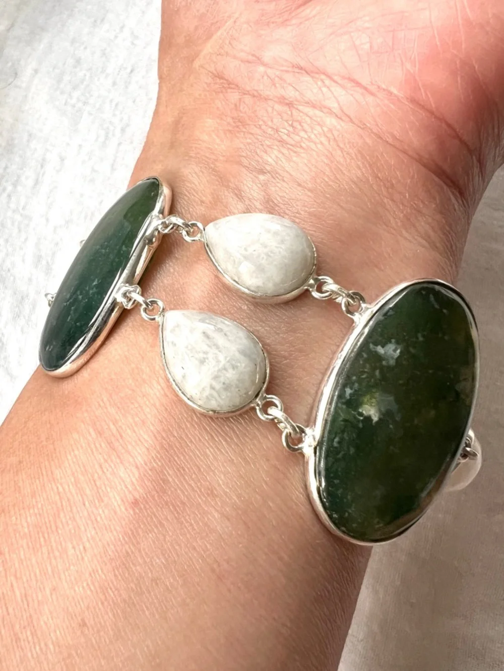 925 Earth Stone MOSS AGATE + Rainbow Moonstone Bracelet 7”-8.5” - Picture 4 of 12